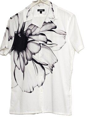 EXPRESS Mens Small White Black Floral Print Camp Collar Short Sleeve Button Down